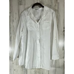 Cambridge Dry Goods Woman Linen Shirt Size 1X White Button Front Roll Tab Sleeve